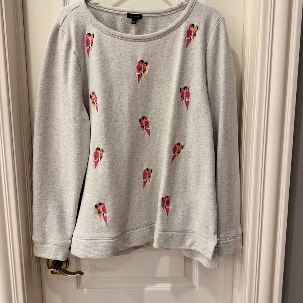 Talbots Light Gray Sweater with Pink Parrot Accents Size XL